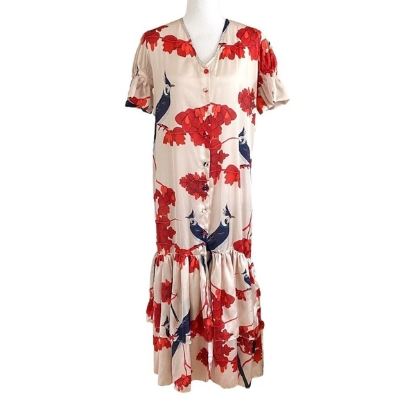 LOBO ROSA BOLERO KIMONO SATIN BIRD PRINT TIERED RUFFLE SHORT MAXI DRESS - S - Picture 1 of 11